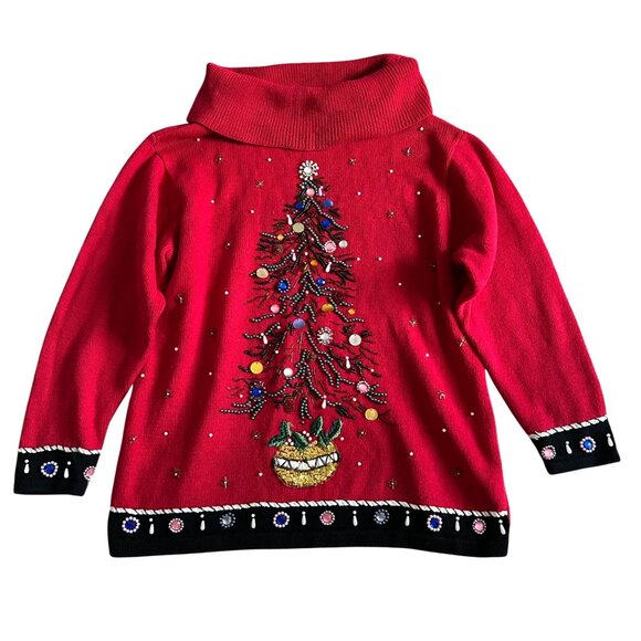 Victoria Jones Womens 1X Red Embellished Ugly Christmas Tree Sweater /Cowl Neck - Picture 11 of 11
